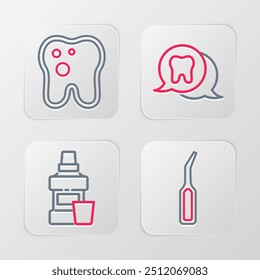 Set Linie Dental Explorer Scaler, Mouthwash Flasche, Zahn und mit Karies Symbol. Vektorgrafik