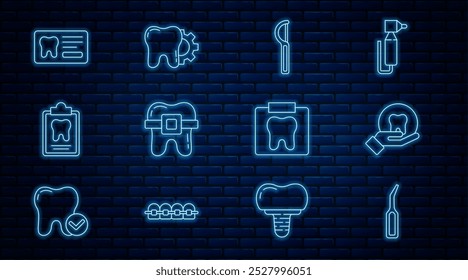 Definir linha Escala de explorador dentário, Dente, fio dental, Dentes com chaves, cartão, Raio X do dente e ícone do procedimento de tratamento. Vetor