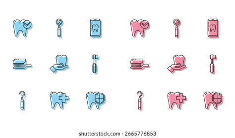 Set line Dental explorer scaler for teeth, clinic dental care tooth, Tooth whitening concept, protection, Toothbrush, with toothpaste and inspection mirror icon. Vector