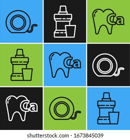 Set line Dental floss, Calcium for tooth and Mouthwash plastic bottle icon. Vector