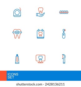 Set line Dental floss, clinic location, Tube of toothpaste, Electric toothbrush, Teeth with braces, Calendar,  and Tooth icon. Vector