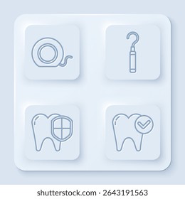 Set line Hilo dental, explorador dental escalador para dientes, protección dental y concepto de blanqueamiento dental. Botón cuadrado blanco. Vector