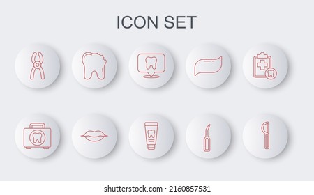 Fijar la línea de hilo dental, botiquín de primeros auxilios, ubicación clínica, escalador explorador, alicates, diente roto, labios sonrientes y tubo de ícono de pasta dental. Vector