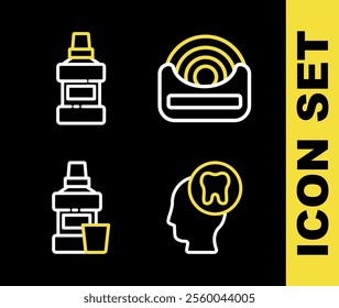 Set line Dental floss, Human head with tooth, Mouthwash bottle and  icon. Vector