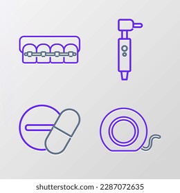 Set line Dental floss, Medicine pill or tablet, Tooth drill and Teeth with braces icon. Vector