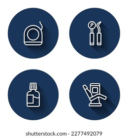Set line Dental floss, mirror and probe, Mouthwash and Medical dental chair with long shadow. Blue circle button. Vector