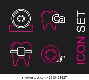 Fio dental, Dentes com aparelho, Cálcio para dente e ícone do refletor de cabeça otorrinolaringológico. Vetor