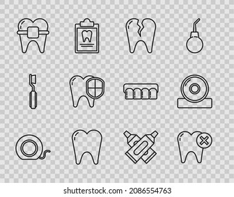 Set line Dental floss, Tooth with caries, Broken tooth, Teeth braces, protection, Crossed tube of toothpaste and Otolaryngological head reflector icon. Vector