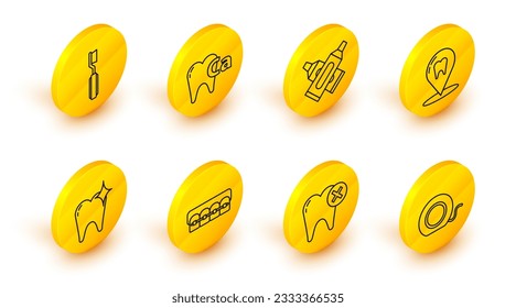 Set line Dental floss, Tooth with caries, Teeth braces, whitening concept, clinic location, Crossed tube of toothpaste, Calcium for and Toothbrush icon. Vector