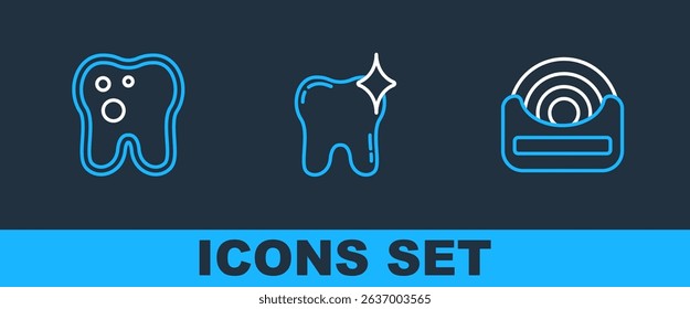 Set line Dental floss, Tooth with caries and whitening icon. Vector
