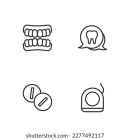 Set line Dental floss, Toothache painkiller tablet, Dentures model and  icon. Vector