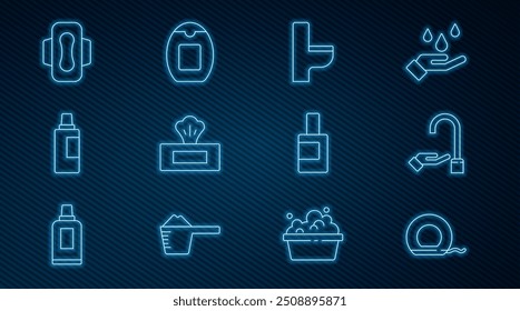 Set line Hilo dental, lavarse las manos con jabón, tazón de inodoro, paquete de toallitas húmedas, botella para agente de limpieza, servilleta sanitaria y de icono de champú. Vector