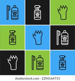 Set line Dental hygiene for pets, Paw print and Pet shampoo icon. Vector