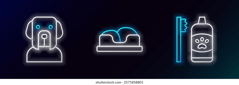 Set line Dental hygiene for pets, Dog and Pet bed icon. Glowing neon. Vector