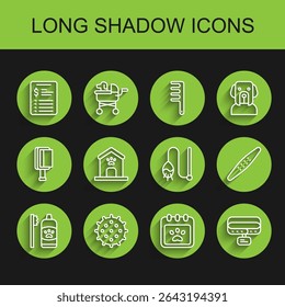 Set line Dental hygiene for pets, Tennis ball, Grooming salon price list, Calendar grooming, Collar with name tag, Dog house and paw print, Nail file and Pet cat toy icon. Vector