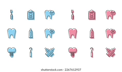 Set line Dental implant, explorer scaler for teeth, Toothbrush, Crossed tube of toothpaste, Tube, with caries,  and Clipboard dental card icon. Vector