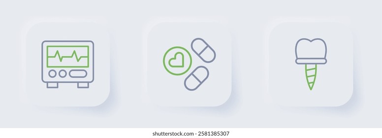 Set line Dental implant, Medicine pill or tablet and Monitor with cardiogram icon. Vector