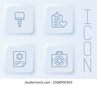 Set line Dental implant, Patient record,  and First aid kit. White square button. Vector