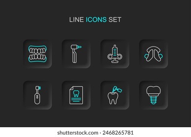 Set line Dental implant, Tooth with caries and drill, Clipboard dental card, Electric toothbrush, plate, Syringe,  and Dentures model icon. Vector