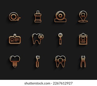 Set line Dental implant, Toothbrush, floss, Teeth with braces, pliers, caries, Clipboard dental card and inspection mirror icon. Vector