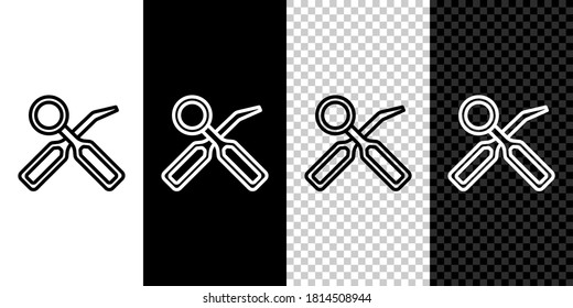 Set line Dental inspection mirror and explorer scaler icon isolated on black and white background. Tool dental checkup. Vector.