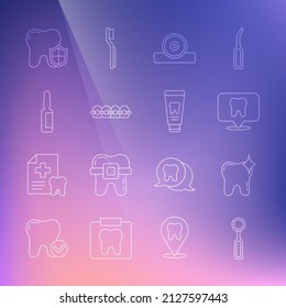 Set line Dental inspection mirror, Tooth whitening, clinic location, Otolaryngological head reflector, Teeth with braces, Painkiller tablet, protection and Tube of toothpaste icon. Vector