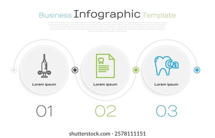 Set line Dental medical syringe, Clipboard with dental card and Calcium for tooth. Business infographic template. Vector