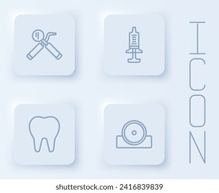 Set line Dental mirror and probe, Syringe, Tooth and Otolaryngological head reflector. White square button. Vector