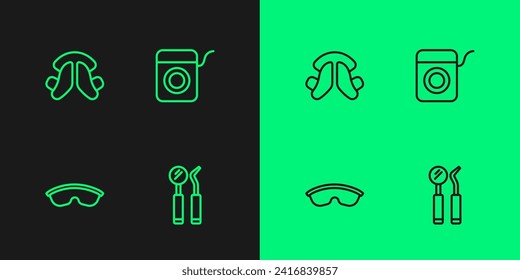 Fijar la línea Espejo dental y sonda, Gafas de alternancia de seguridad, placa dental e icono de hilo. Vector