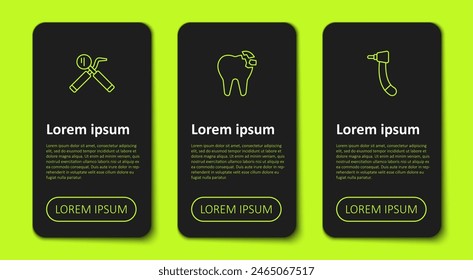 Set line Dental mirror and probe, Broken tooth and Tooth drill. Business infographic template. Vector