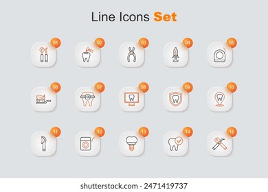 Set line Dental mirror and probe, Tooth, implant, floss, clinic location, protection and Online dental care icon. Vector