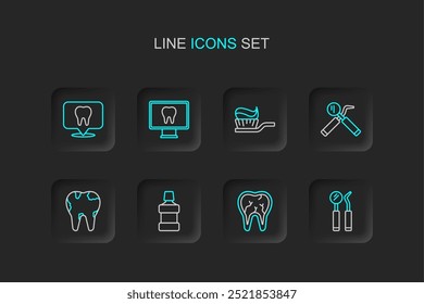 Set line Dental mirror and probe, Broken tooth, Mouthwash, Toothbrush with toothpaste, Online dental care and clinic location icon. Vector