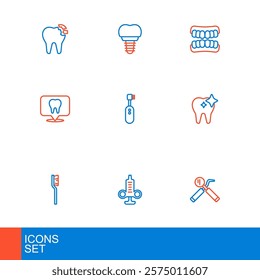 Set line Dental mirror and probe, Syringe, Toothbrush, whitening, clinic location, Electric toothbrush, Dentures model and implant icon. Vector