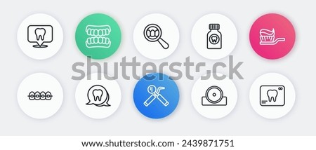 Set line Dental mirror and probe, Toothbrush with toothpaste, Teeth braces, Otolaryngological head reflector, Toothache painkiller tablet, search, X-ray of and  icon. Vector
