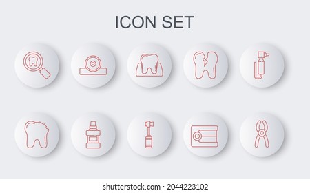 Set line Dental pliers, Broken tooth, Tooth, Dentures model, search, Otolaryngological head reflector, Mouthwash bottle and Toothbrush icon. Vector