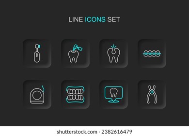 Set line Dental pliers, clinic location, Dentures model, floss, Teeth with braces, Broken tooth, Tooth caries and drill and Electric toothbrush icon. Vector