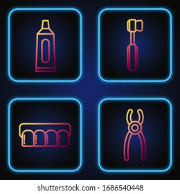 Fije la línea alicates dentales, modelo Dentures, Tubo de dentífrico y cepillo de dientes. Iconos de color degradado. Vector