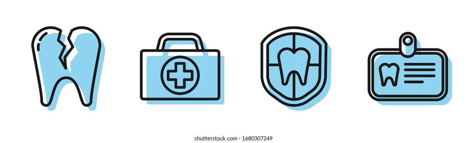 Set line Dental protection, Broken tooth, First aid kit and Id card with tooth icon. Vector