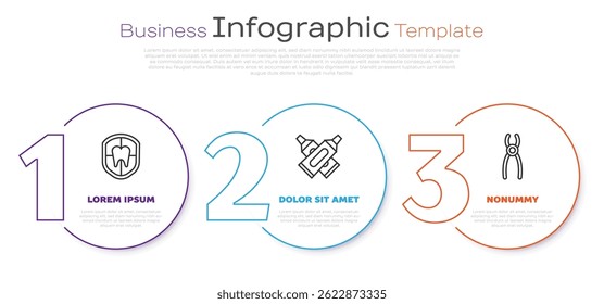 Set line Dental protection, Crossed tube of toothpaste and Dental pliers. Business infographic template. Vector