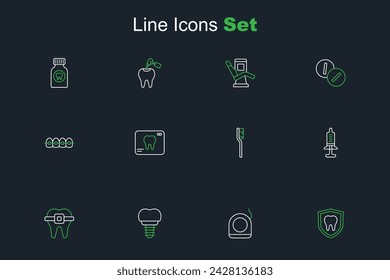 Set line Dental protection, floss, implant, Teeth with braces, Syringe, Toothbrush, X-ray of tooth and  icon. Vector