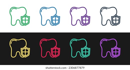 Set line Dental protection icon isolated on black and white background. Tooth on shield logo.  Vector