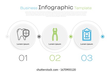 Set line Dental protection, Dental pliers and Clipboard with dental card. Business infographic template. Vector