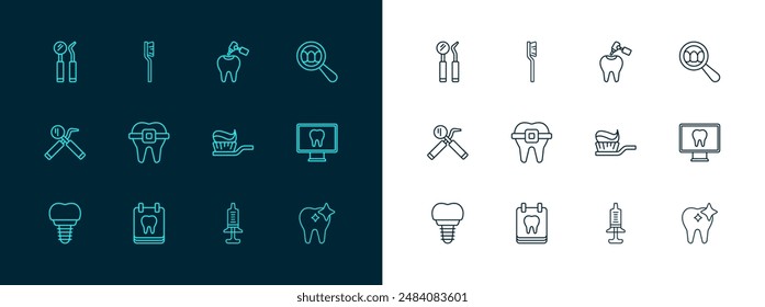 Set line Dental search, Calendar with tooth, Toothbrush toothpaste, Syringe, Teeth braces, caries and drill, mirror probe and  icon. Vector