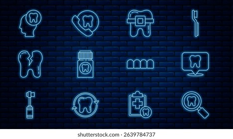Set line Dental search, clinic location, Teeth with braces, Painkiller tablet, Broken tooth, Human head, Dentures model and Online dental care icon. Vector