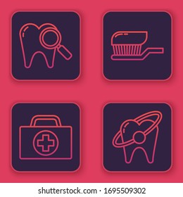 Establecer línea de búsqueda dental, kit de primeros auxilios, cepillo de dientes con pasta dental y concepto de blanqueamiento dental. Botón cuadrado azul. Vector