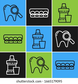 Set line Dental search, Mouthwash plastic bottle and Teeth with braces icon. Vector