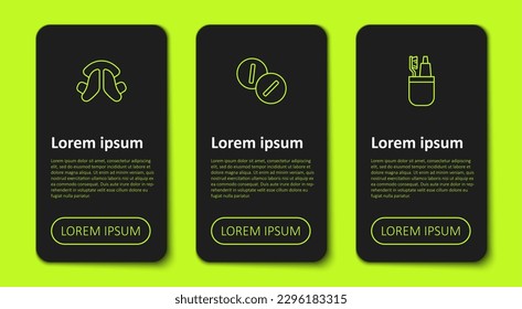 Set line Dental tooth plate, Toothache painkiller tablet and Toothbrush and toothpaste. Business infographic template. Vector