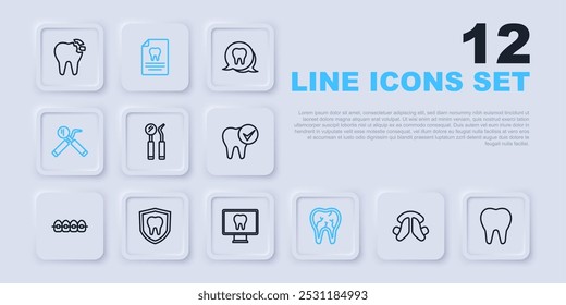 Set line Dental tooth plate, Tooth, mirror and probe, Broken, protection, Clipboard with dental card and Online care icon. Vector