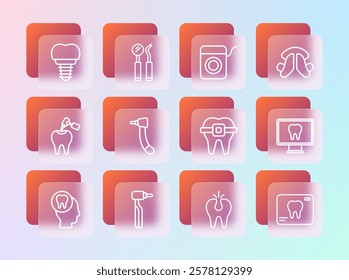 Set line Dental tooth plate, Tooth drill, Teeth with braces, Broken, floss, implant and mirror and probe icon. Vector