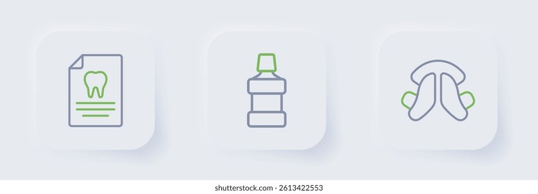 Set line Dental tooth plate, Mouthwash and Clipboard with dental card icon. Vector